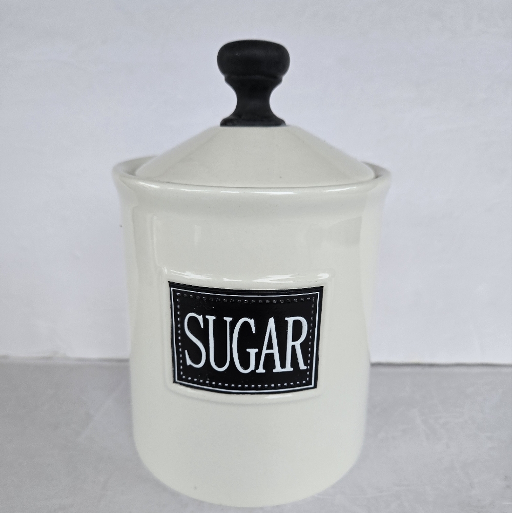 THL Ceramic Sugar Canister Off-White with Black Label Black Knob